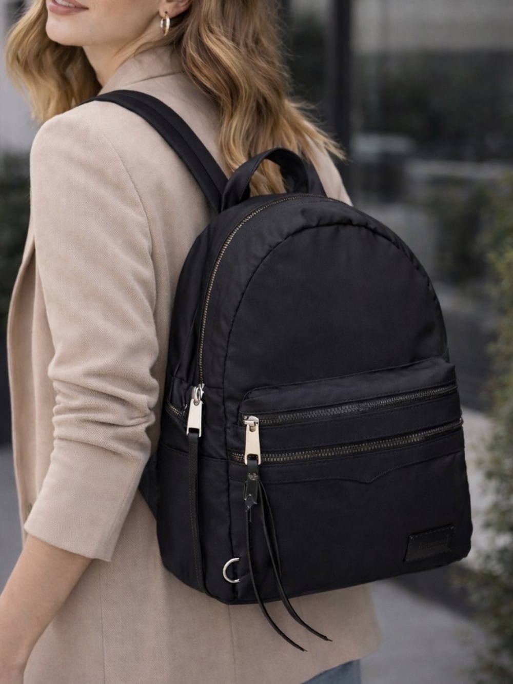 Rebecca Minkoff Julian Backpack Black Nylon Leather Trim Minimalist Travel Work